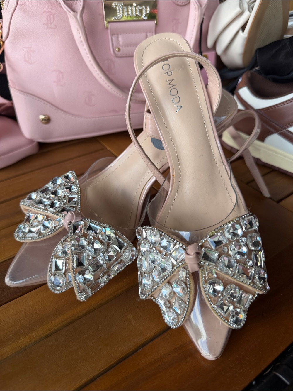 TOP Moda Pink Crystal Bow Slingback Heels